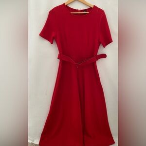 SHEIN Red Ponte Knit Fit & Flare Maxi Dress Belted Stretch Size L